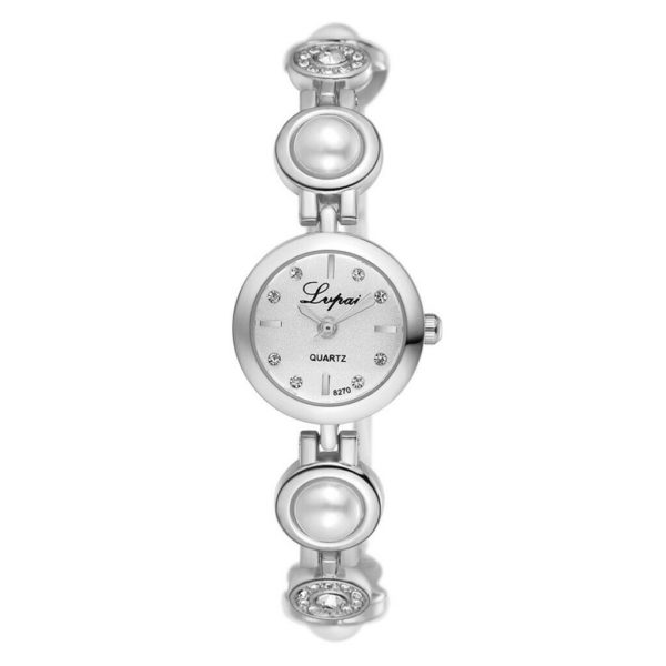 Луксозен дамски часовник с перли - сребрист
