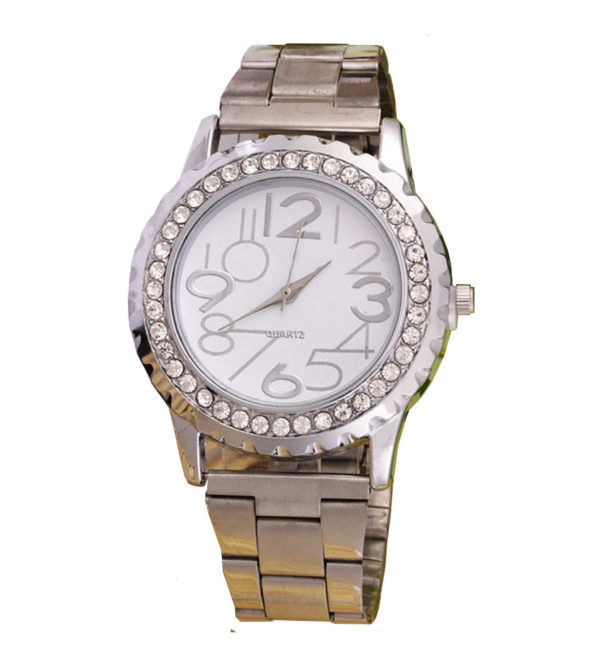 Луксозен дамски часовник с диаманти - сребрист