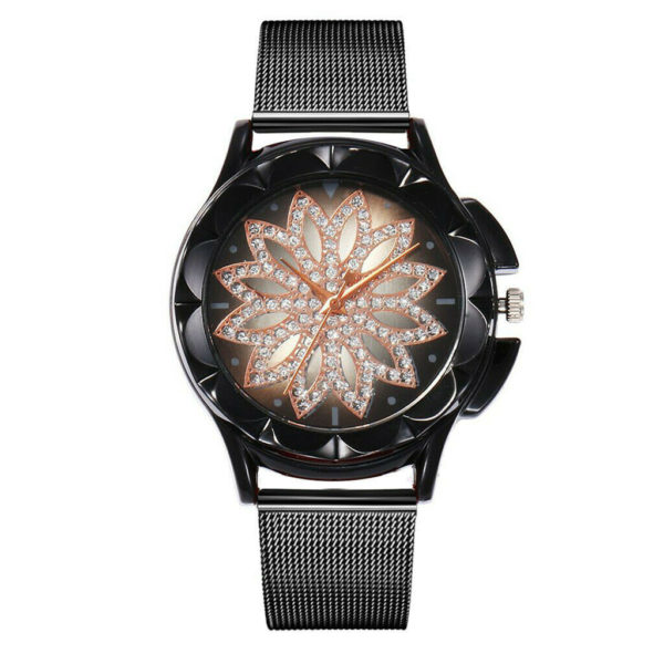 Луксозен дамски часовник Цвете - черен